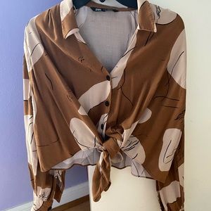 ZARA Long Sleeve Tie Blouse Brown and Beige